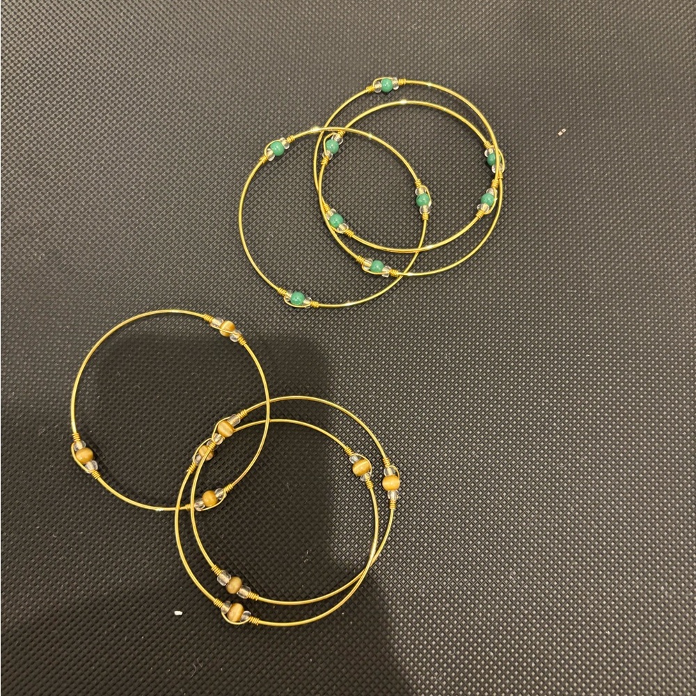 Set of 2 Interlocking Gold Wire Beaded Bracelets – Green & Amber Beads